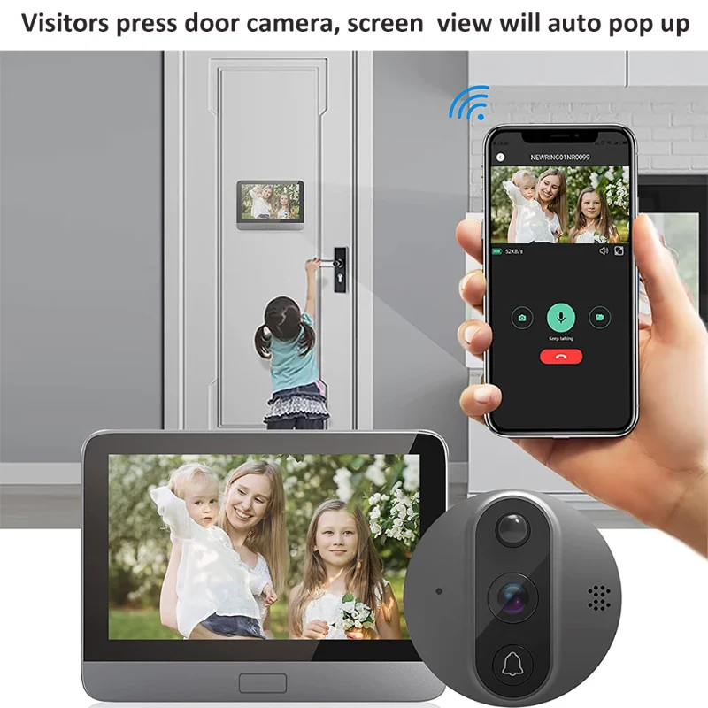 Smart Tuya-Sonnette de porte WiFi 1080P, caméra judas, audio 5000mAh, PIR FHD, infrarouge, Alexa, Google, visionneuse numérique d'annonce, 4.3 pouces