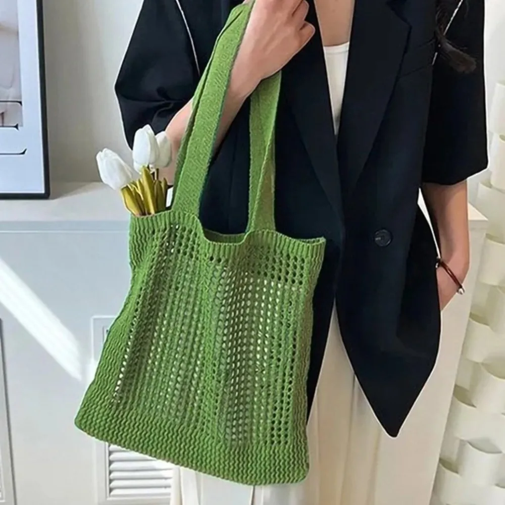 

Модная ажурная вязаная сумка на плечо, однотонная простая стильная большая сумка, большая вместительная женская сумка, женские сумки