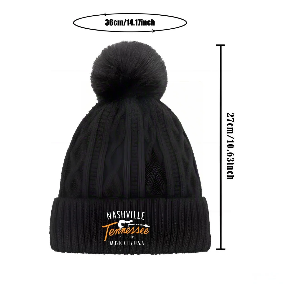 NASHVILLE eniessee EST - 1806 CITY U.S.A New Unisex Pom Pom Knit - قبعة شتوية دافئة متعددة الألوان مع P أنيق