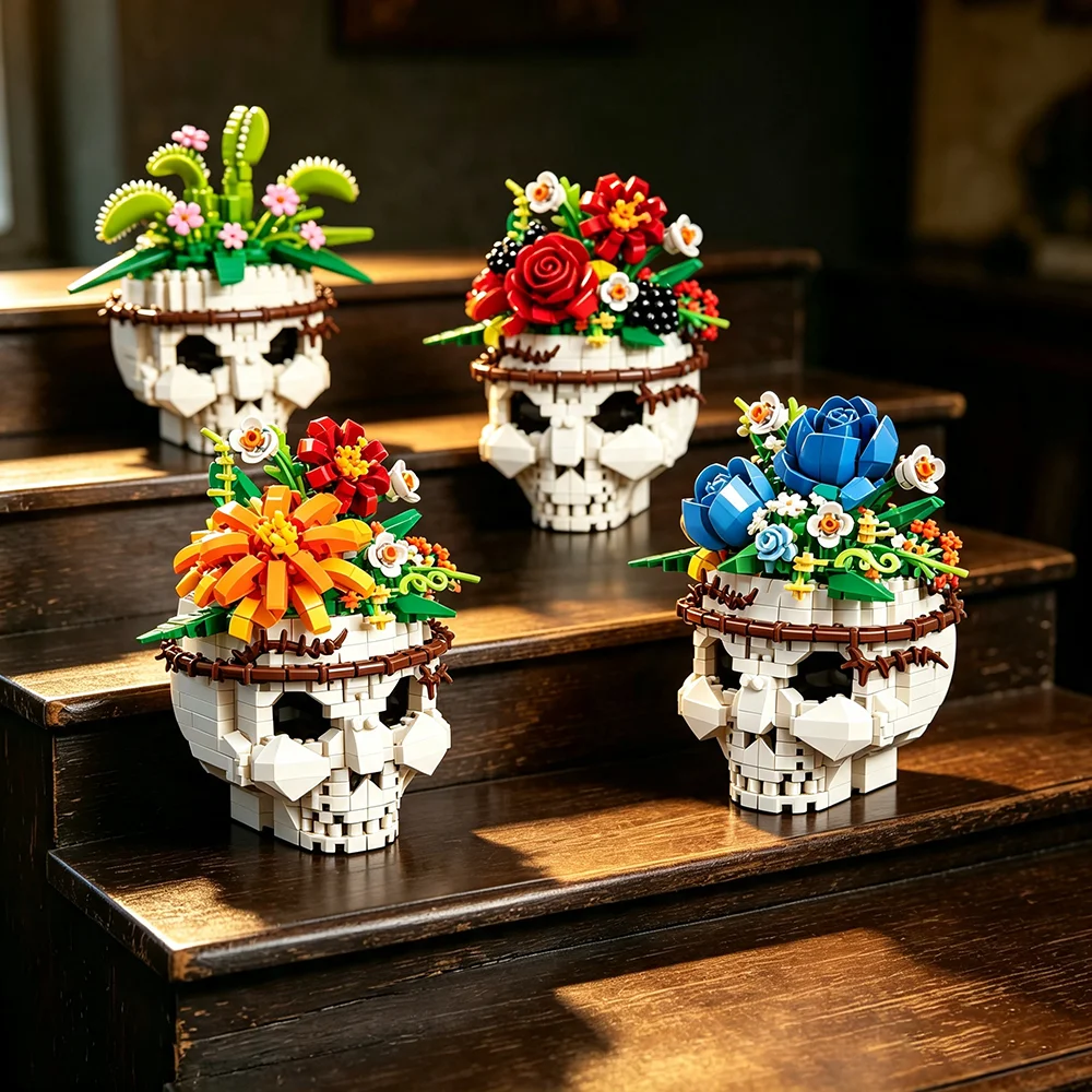 Gothic-Schädel-Baustein-Set, verschiedene Stile, florales Skelettmodell, Halloween-Heimdekoration, Sammlerstück, Geschenk für Erwachsene