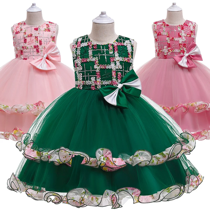 Lolita Style Floral Tulle Elegant Dress for Girls Kids Lotus Leaf Cake Flower Party Dresses Children Wedding Evening Costume Ins