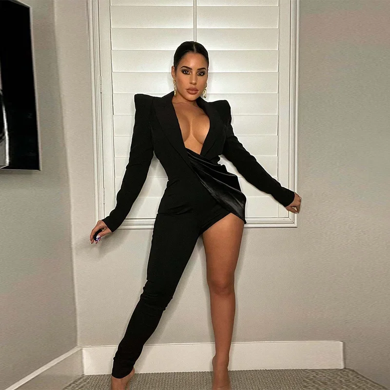 Sexy Deep V Neck Jumpsuit Women Long Sleeve Expose Leg Jumpsuit Elegant Evening Club Business Elegant Overalls Jumpsuits