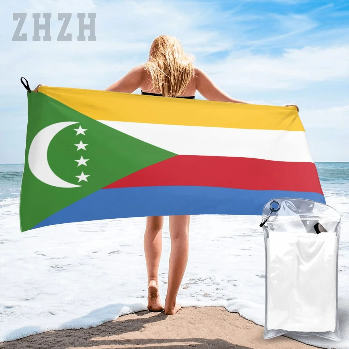 More Design Comoros Flag Emblem Bath Towel Quick dry Microfiber Absorbing Soft Water Breathable Beach Swimming Bathroom