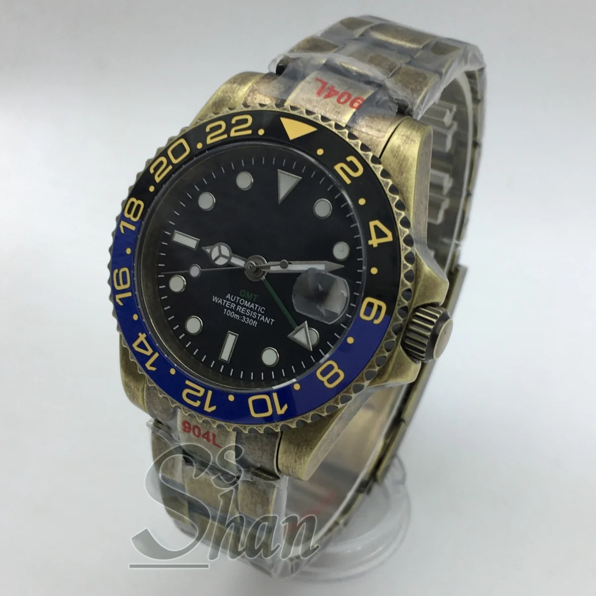 40mm Bronze Men's Unique GMT Automatic Mechanical Watch NH34A Movement Sapphire Glass Bronze Bracelet 100m Water Resistant