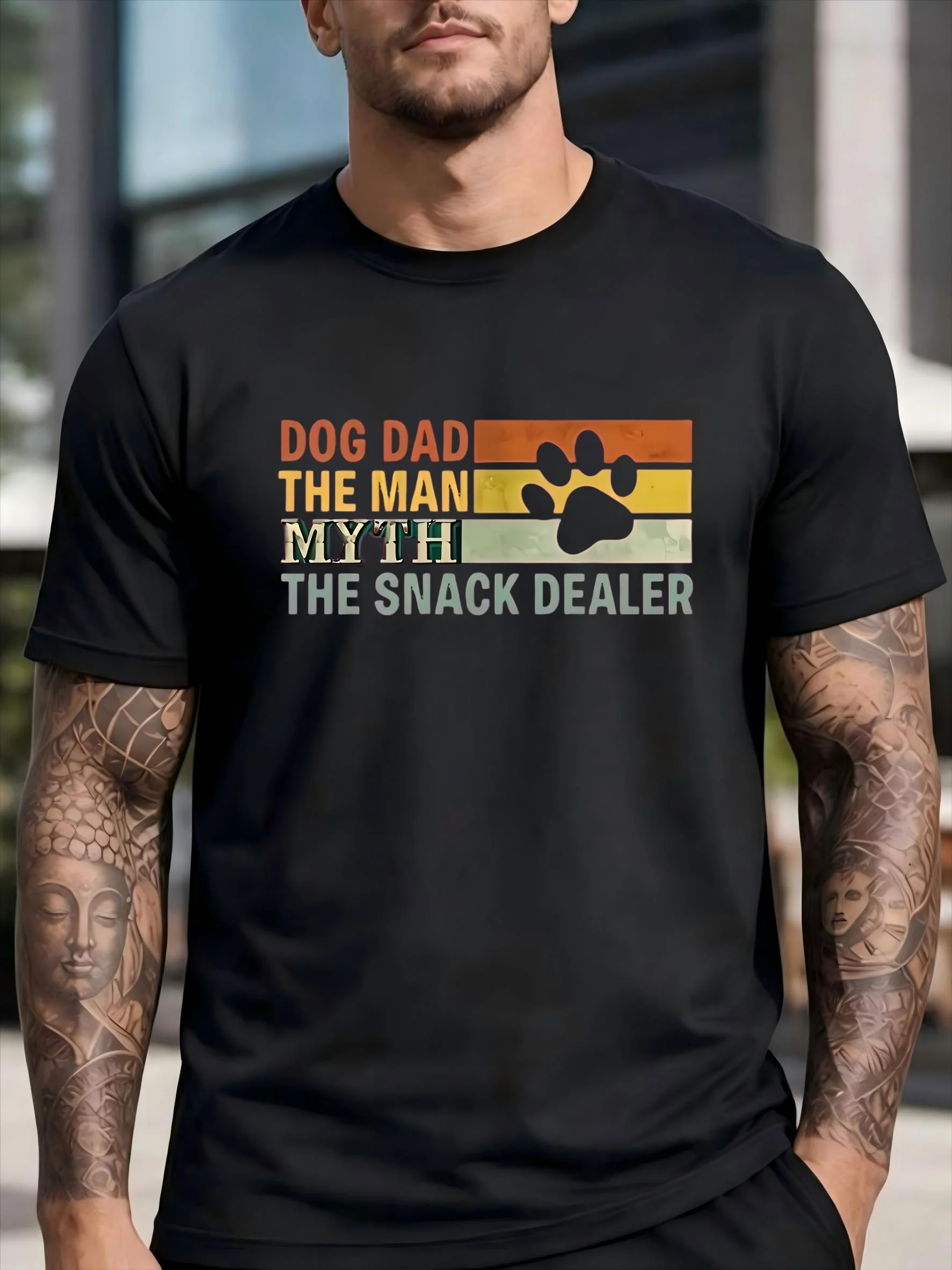 Men's Short-Sleeve T-Shirt with Orange, Yellow, and Green Color-Blocking Horizontal Stripes, Dog Paw Print, Fun Text for Dog Owners, Multi-Color Print, Summer Outdoor Dog Walking, Pet-Themed Vibe, Loose Casual Short-Sleeve Tee for Men