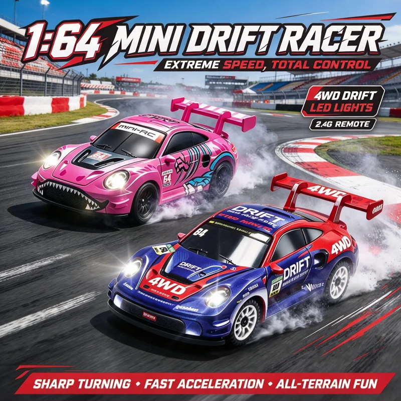 New Design 1:64 Scale Mini RC Drift Car 2.4G Remote Control Racing Car with Color LED Ligh Desktop Toy Birthday Gift for Boy Kid