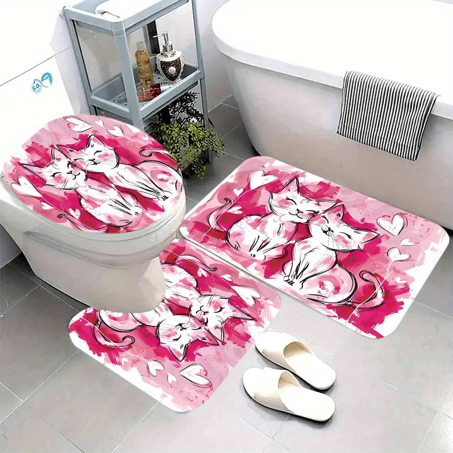 

Набор для ванной комнаты с милым котом из 3 предметов — мягкая фланель, моющаяся, машинного производства, розовый и дизайн, идеально подходит для подарка на Рождество и Новый год, в комплект входит