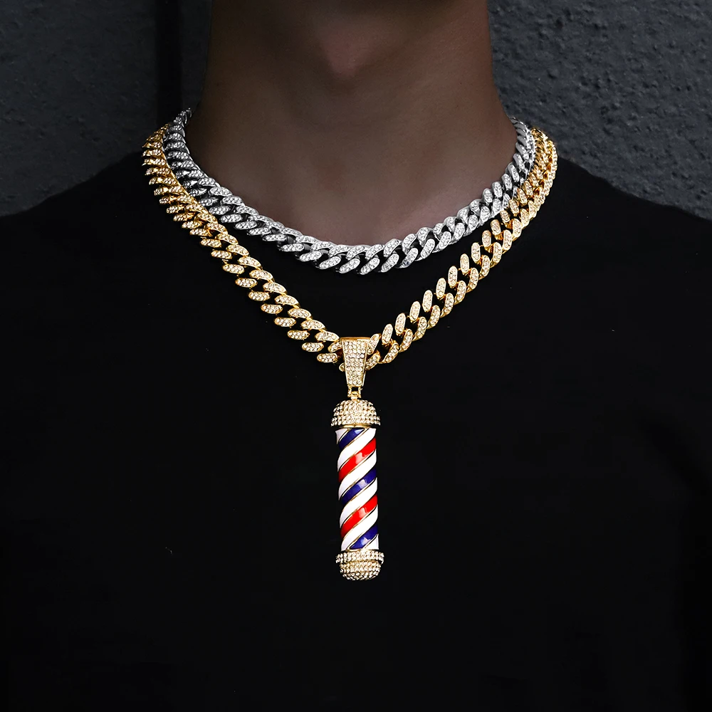 Barber Shop Hair Dresser Tools Necklace 3D Barber Pole Razor Hairclippers Charms Pendant Necklaces Men Women Souvenir HIP Hop