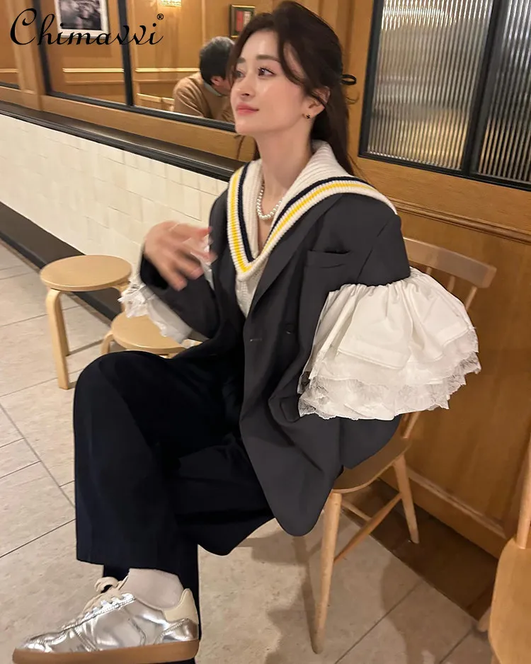 

Japanese Fashion Sleeve Ruffle Hem Patchwork Loose Double-Breasted Lapel Blazer Women Jacket Spring New OL Women's Blazer