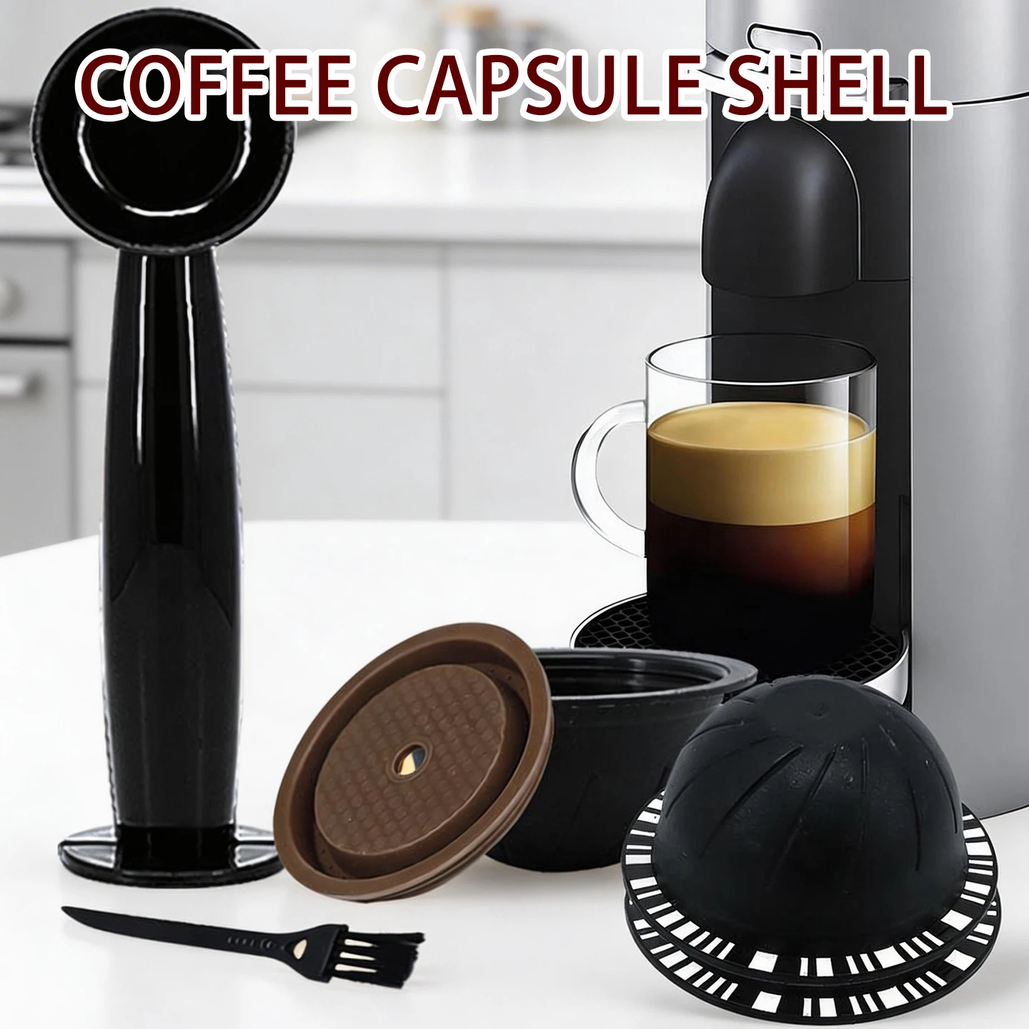 Reusable Coffee Capsule Shell Set for Vertuo Coffee Machines, Refillable Filter with Tamper & Cleaning Brush, Coffee Capsule