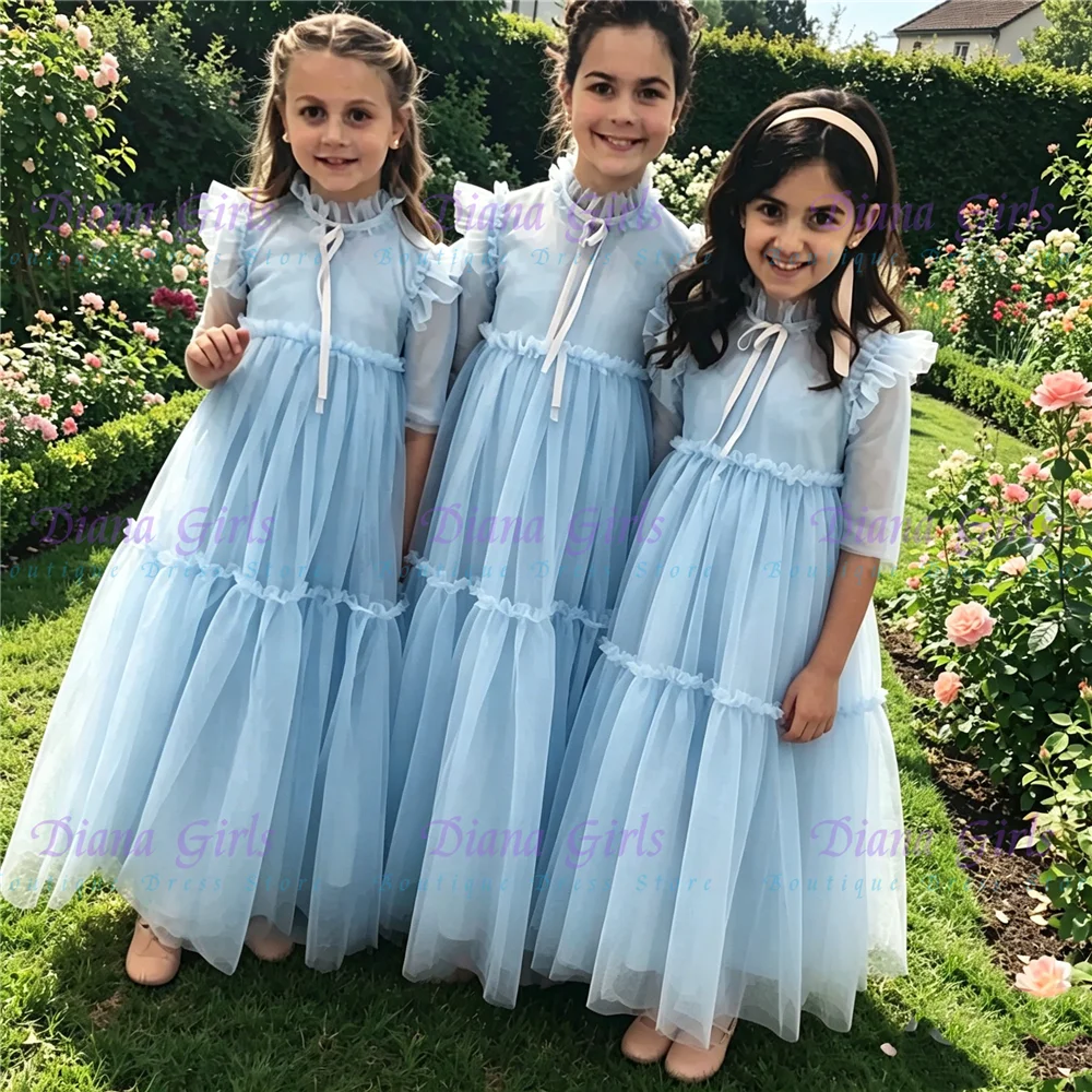 Quality New Elegant Flower Girl Dress Blue Tulle Fluffy With Big Bow For Kids Princess Wedding Birthday Party Evening Ball Gowns