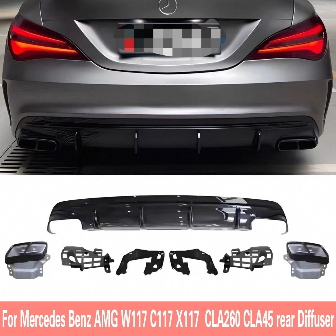 MagicKit Für Mercedes Benz CLA W117 C117 X117 Heckdiffusor mit Auspuffendrohre CLA260 CLA45 Heckstoßstange Lipgloss Schwarz Auto
