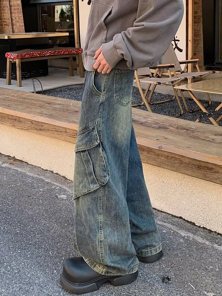 2025 Trashy Y2K Streetwear Vintage Blau Baggy Cargo Jeans Hosen Für Männer Kleidung Gerade Distressed Lose Casual Denim Hosen – Detail 10