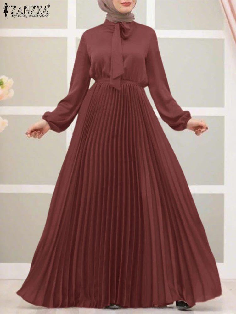 

2025 ZANZEA Muslim Hijab Dresses Women Eelgant Long Sleeve Solid Pleated Sundress Dubai Robe Vestidos Islamic Dress Loose Abaya