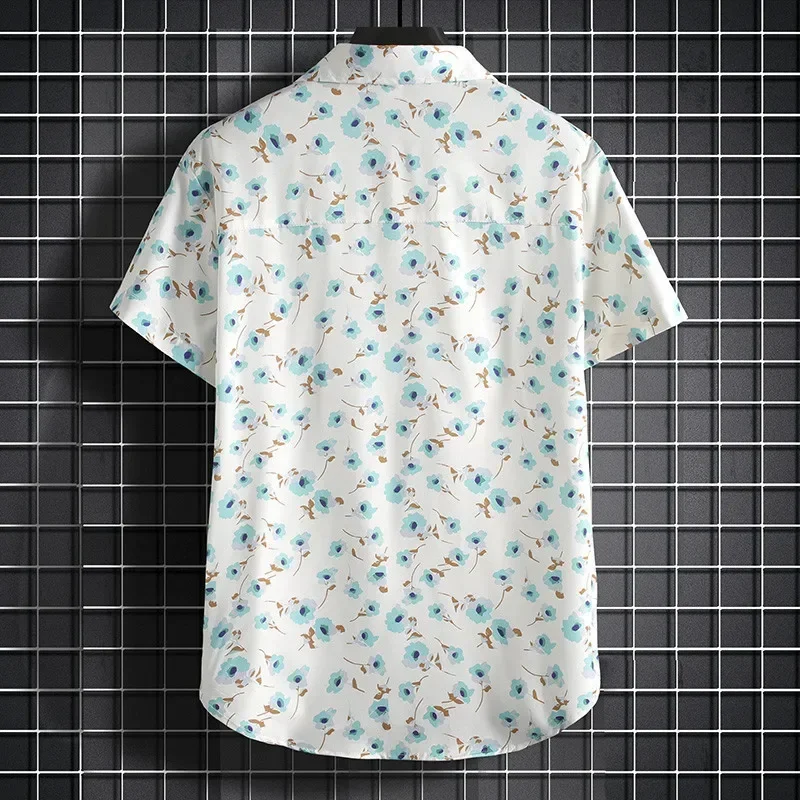 Hawaiian Blue Floral Beach Shirt Retro Button Collar Top Casual Summer Men's Beach Large Loose Shirt