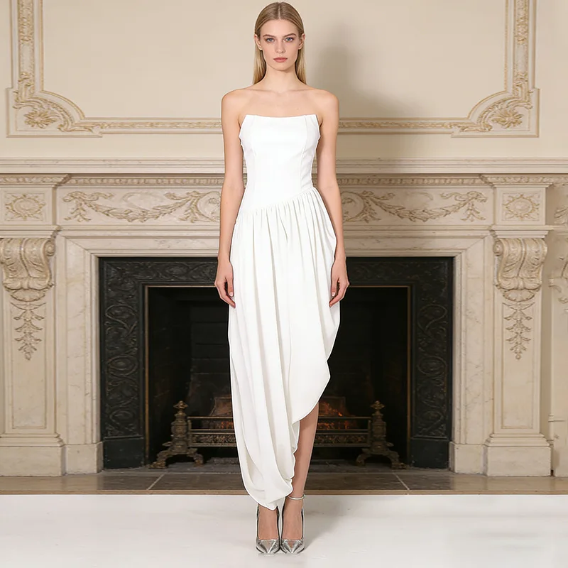 

Элегантное асимметричное платье-халат с открытой спиной и складками, без рукавов, для женщин, весна-осень, с завышенной талией, длина до колена