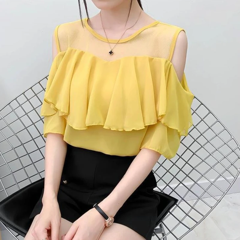 

Autumn Women's Short Sleeve O-Neck Flare Sleeve Top Female Printed Ruffle Lace Up Chiffon Shirt Womens Tops Blouse Shirt Q368