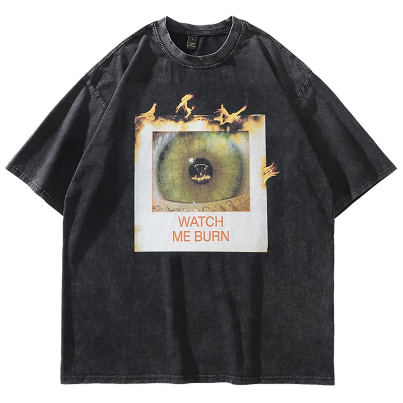 

Summer Men Oversized Washed Tshirts Hip Hop Flame Burning Eye Graphic T-Shirt Streetwear Harajuku Vintage Casual Cotton Top Tees