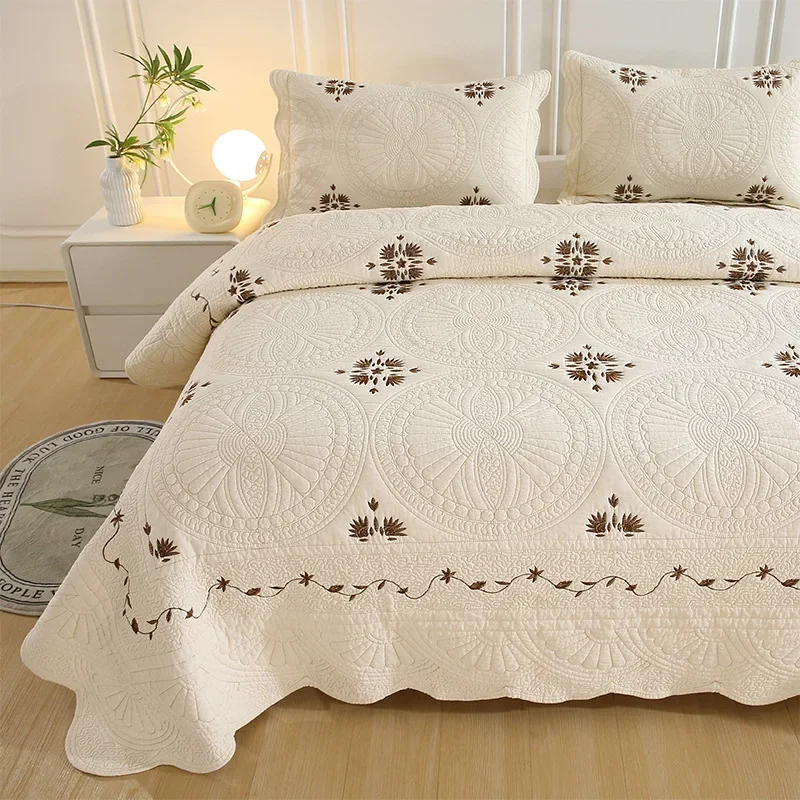 3Pcs Solid Color Quilt Set Vintage Embroidered Cotton Bedspread Reversible Soft Coverlet Blanket for Bedroom Home Decor