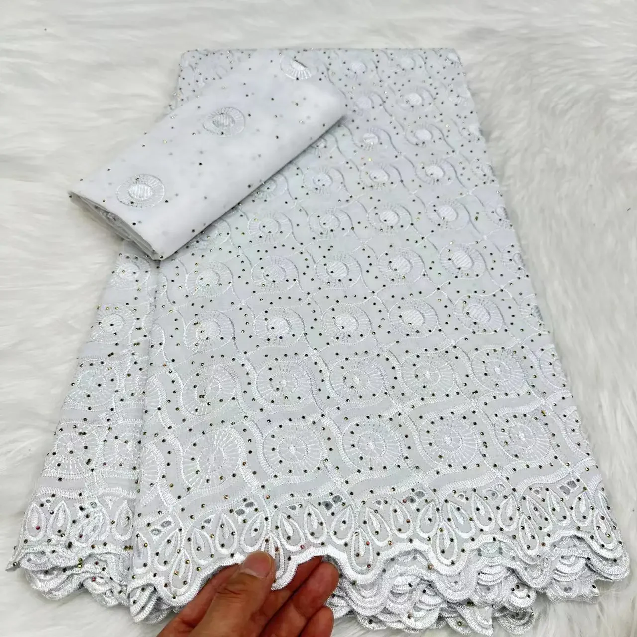 

5+2Yards Latest White Cotton African Stones Lace Fabric 2024 High Quality French Nigerian Swiss Voile Party Lace Fabric KYC2420