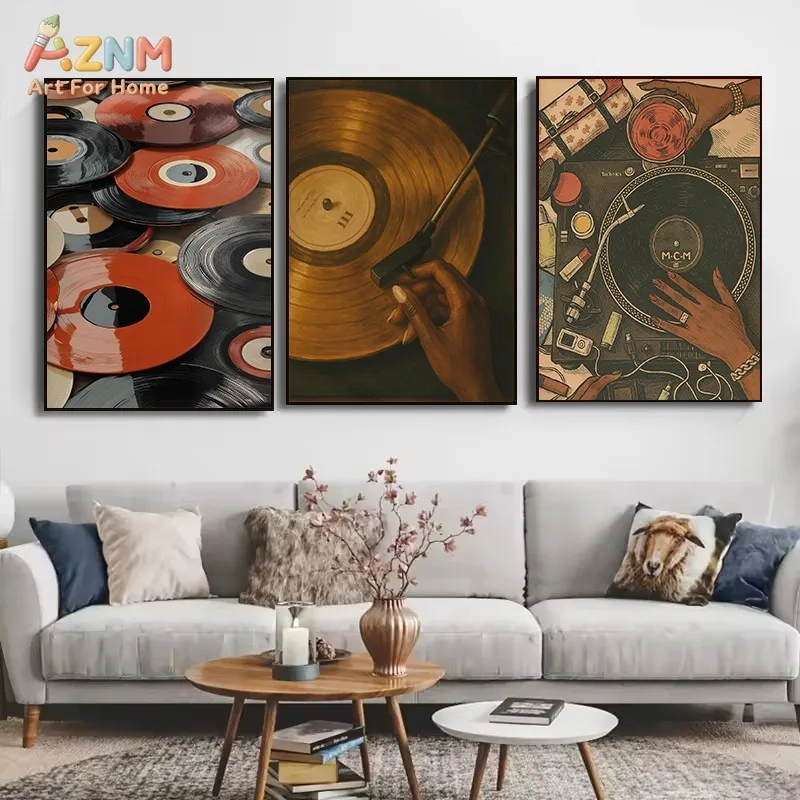 AZNM Retro Vinyl Record Canvas Wall Art Vintage Turntable Wine Disco Music Oil Painting Poster Bar Living Room Unframed Decor Pr