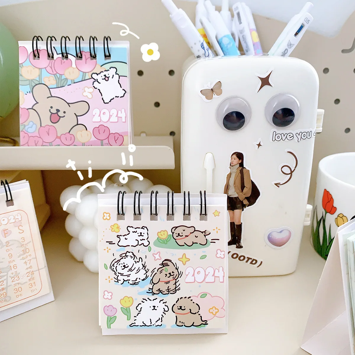 Cartoon Lovely Puppy Small Table Calendar for 2024 Memoirs Recording Important Events Home Office Supplies 1PC Random Shipping