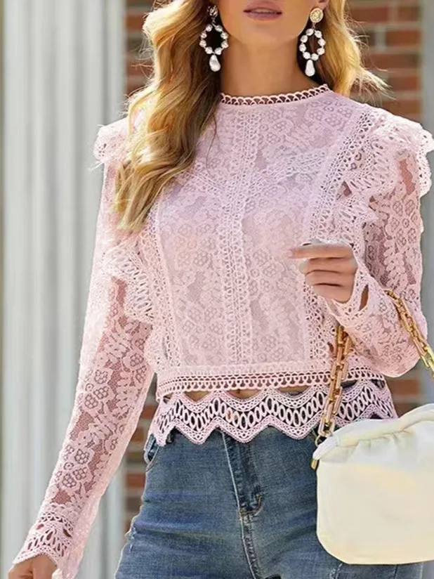 Sexy Lace Hollow Out Shirt Blouse Office Lady Spring Autumn Fashion Elegant Solid O-neck Shirts For Women Female Tops