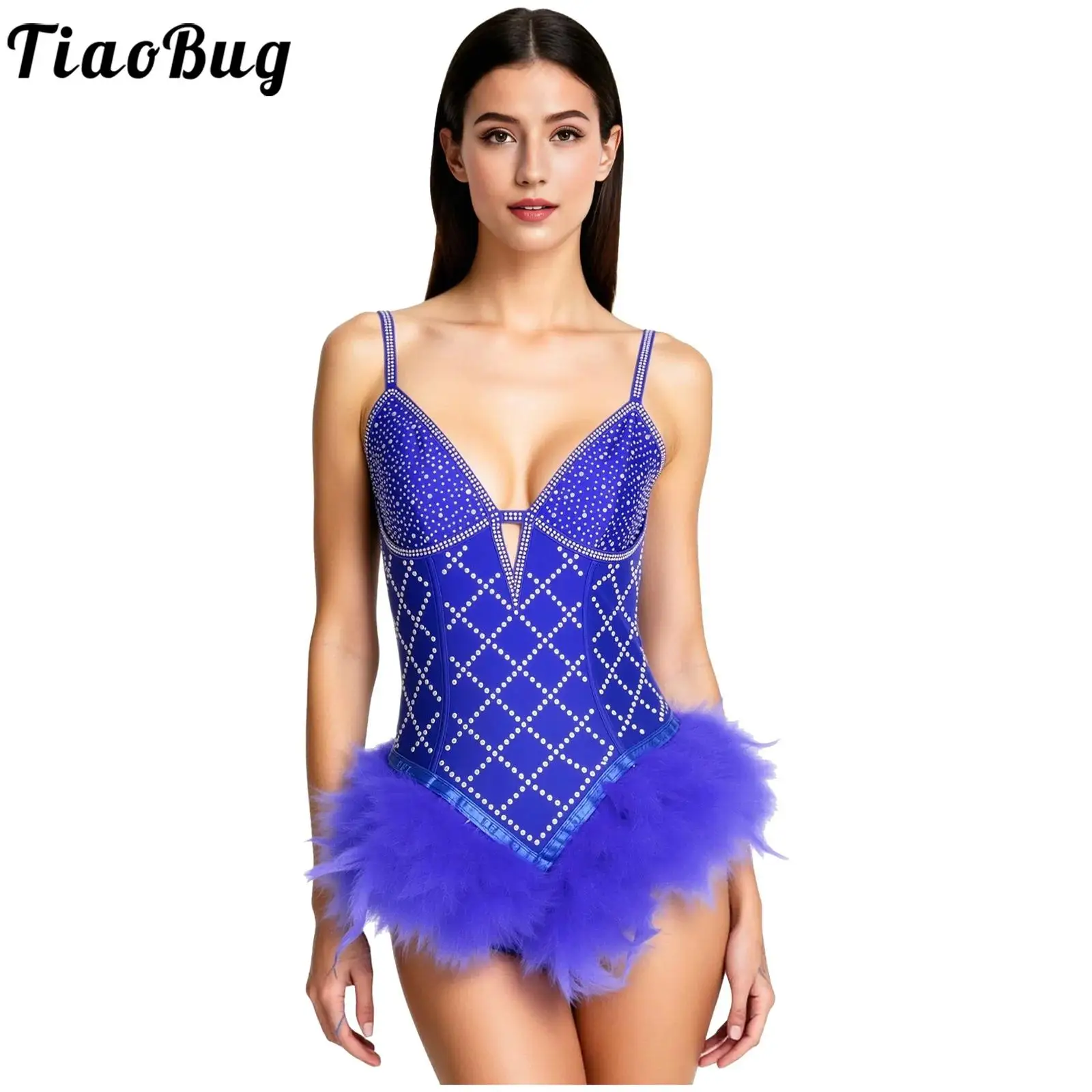 

Women Ballet Rhinestones Feather Leotard Tutu Gymnastic Dance Wear Adjustable Spaghetti Straps Backless Bodysuit for Performance