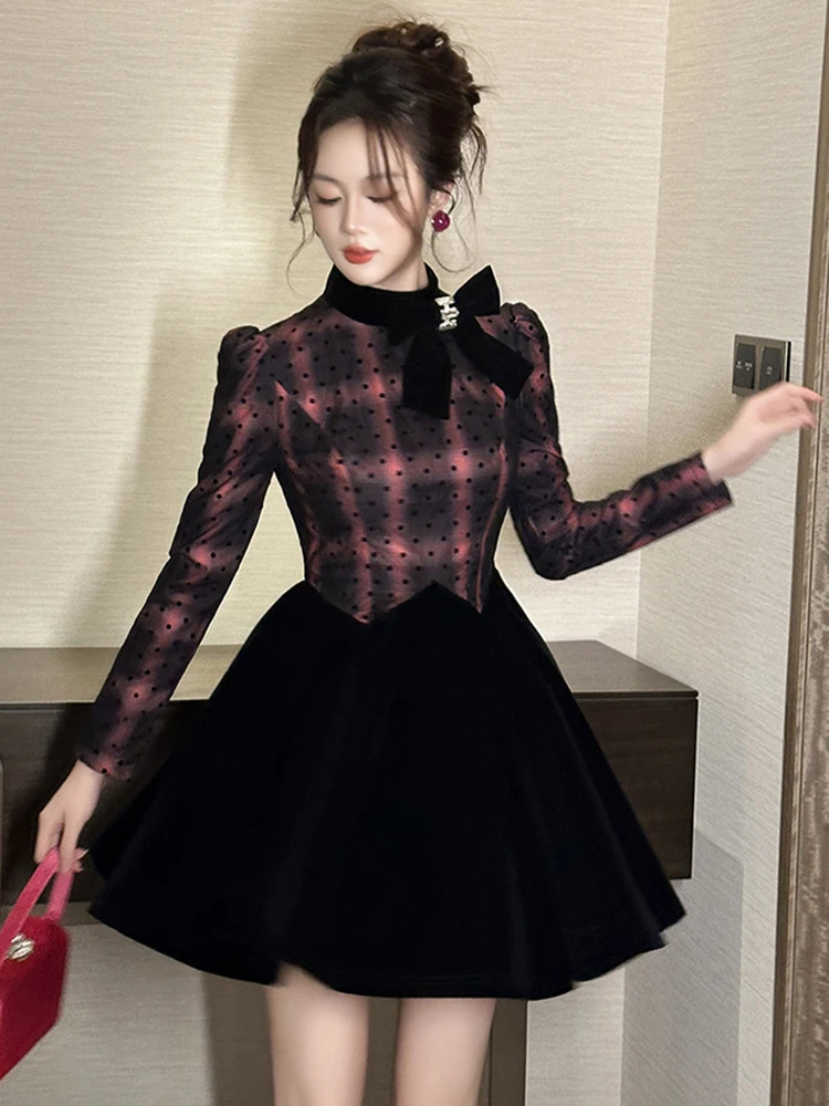 ชุดเดรสสไตล์วินเทจฝรั่งเศสสำหรับผู้หญิง น่ารัก ลายจุด ลายสก็อต ตัดต่อสีดำ ทรงบอลกาวน์ สไตล์คาวาอี้ ชุดเดรสสั้นสำหรับออกเดท เสื้อผ้าผู้หญิง