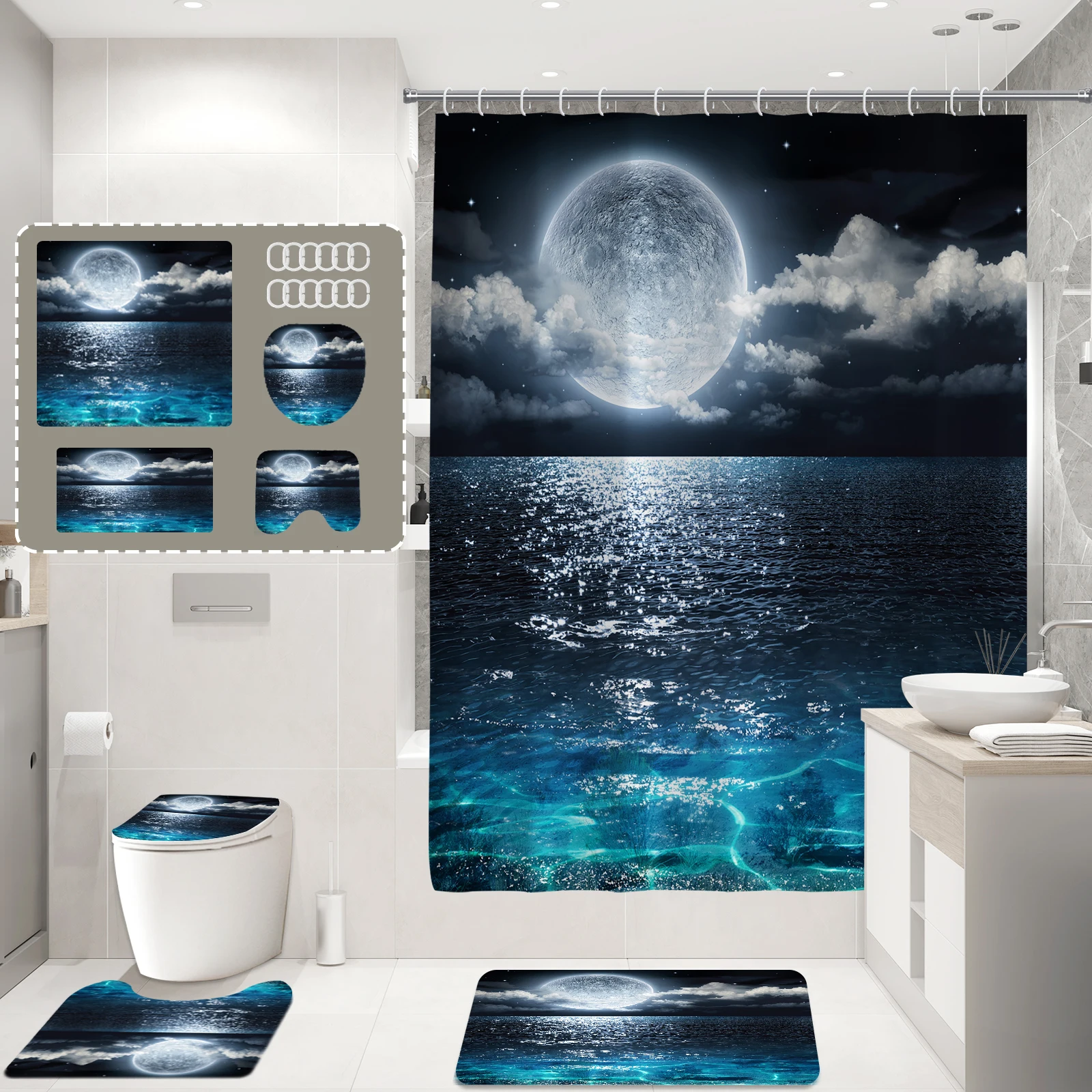 Sea Moon Print Shower Curtain Waterproof Design Shower Curtain Polyester Home Decoration Bathroom Curtain With Hook