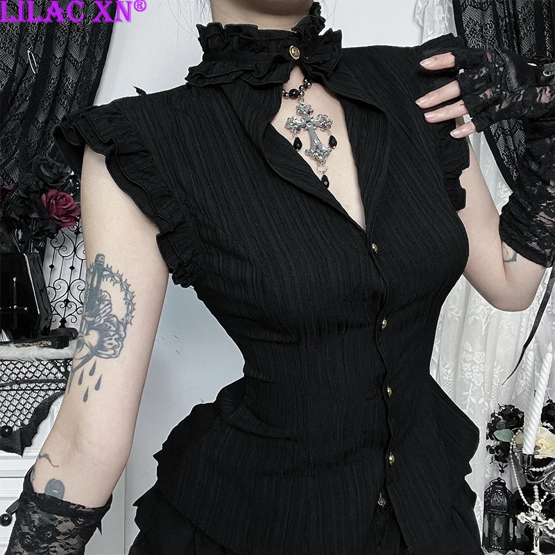 

Vintage Black Ruffle Lace-up Botton Shirts Blouses Goth Sleeveless Corset Tank Tops Women Summer New Fashion Party Streetwear