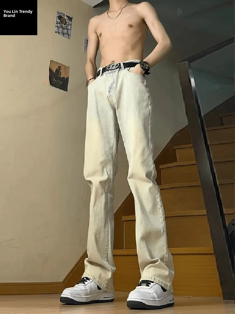 

Washed Mud Color Men's Summer Thin Straight Leg Jeans American High Street Vibe Micro Flared Pants Casual Wear Youth Fashion