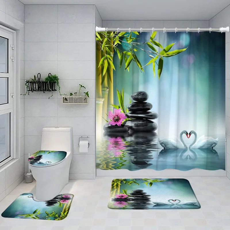 Ensemble de Rideaux de Douche Vermont en Bambou Vert, Orchidée Violette, Papillon, Pierre Grise, Spa, Paysage Naturel, Polymères de Bain, Couverture de Toilette