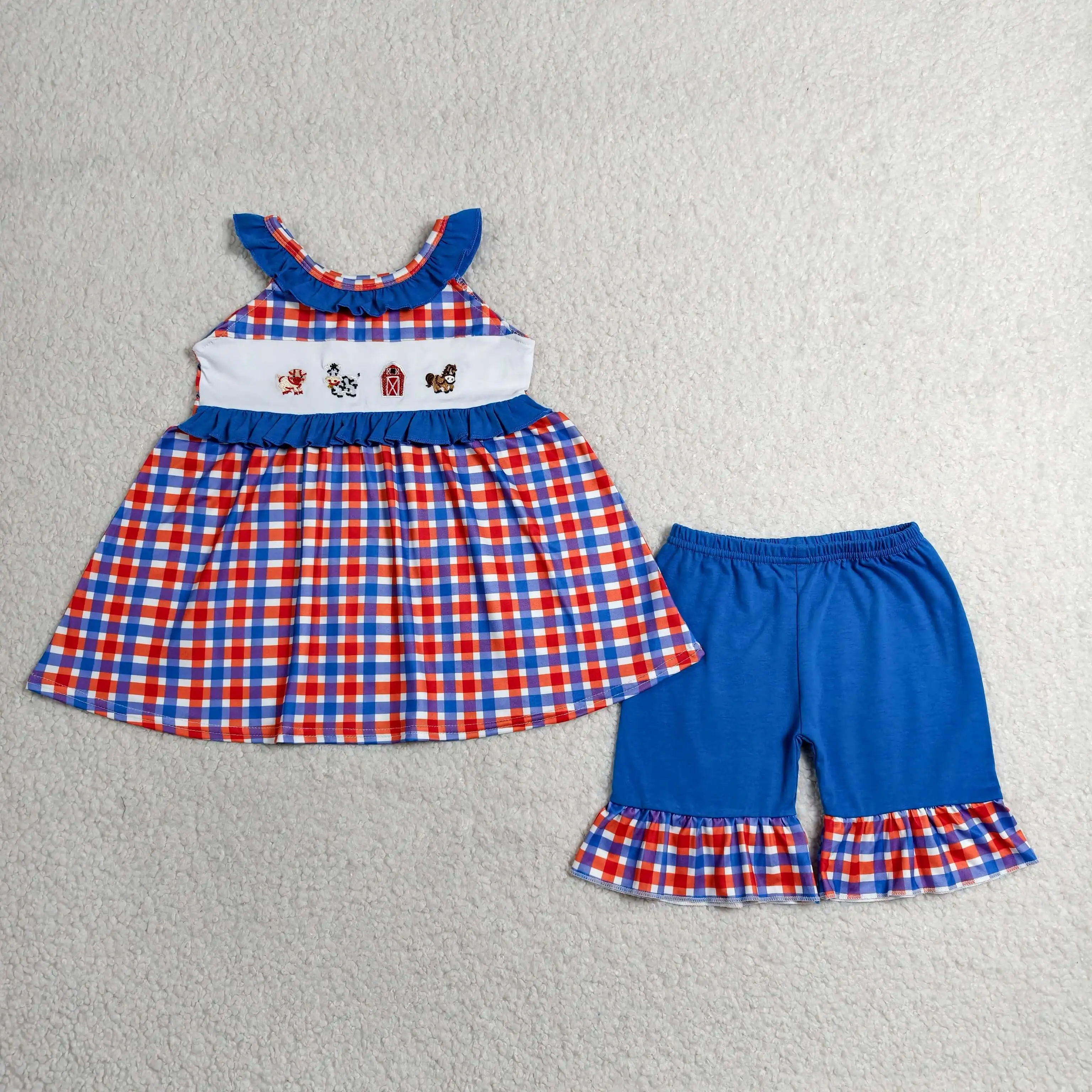 Wholesale Toddler 4th of July Clothes Baby Girl Embroidery Farm Animals Plaid Tops Blue Shorts Outfit Kids Children Summer Set