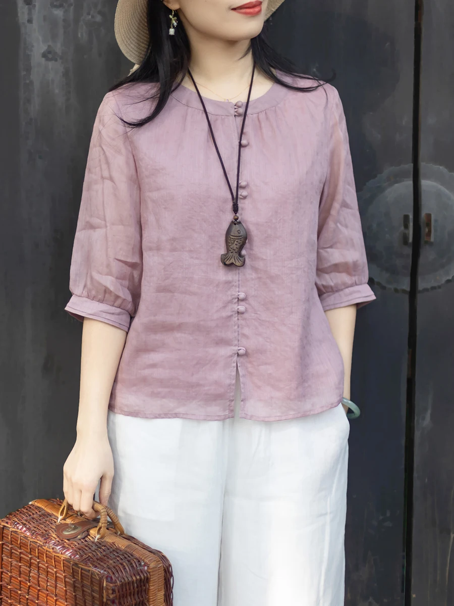 

Jiangnan Breathable Lightweight Silk Shirt Casual Loose Fit Women's Five-Quarter Sleeve Open Cardigan round Neck Top