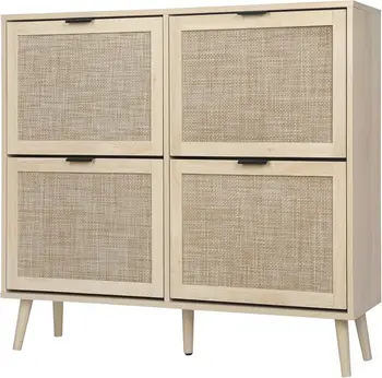 Image Rattan Shoe Cabinet with 4 Flip Drawers, Natural 2-Tier Shoe Rack Boho Storage Cabinet for Heels, Boots, Slippers, Free