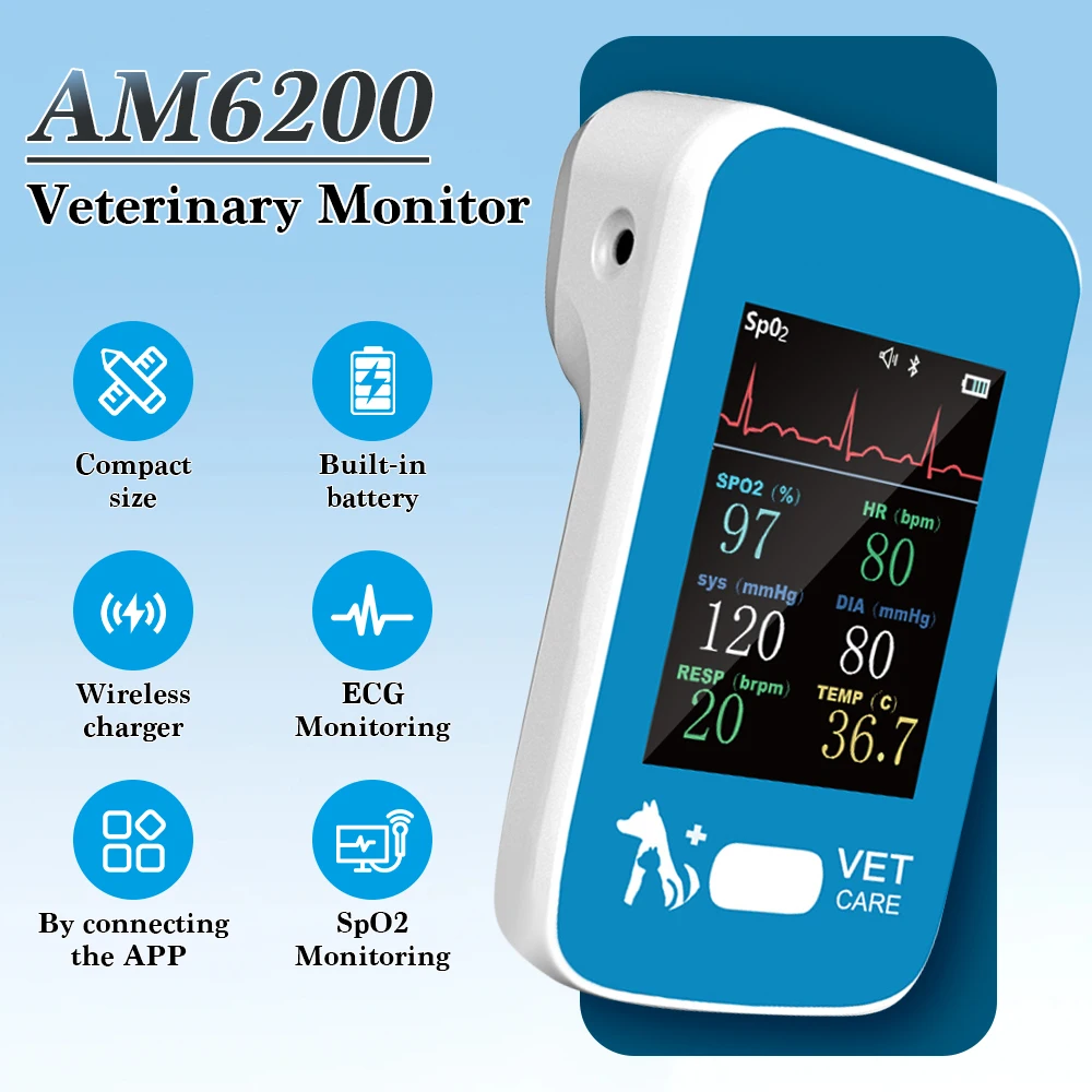 Monitor Veterinario Portátil 6 en 1 con Bluetooth y APP, Monitor de Signos Vitales Multiparamétrico para Mascotas, SpO2, Frecuencia Cardíaca, Temperatura, ECG, Frecuencia Respiratoria, NIBP