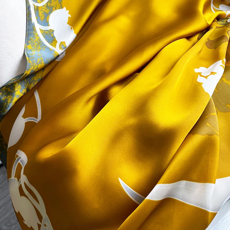 Elegant Large Long Headband Yellow Floral Silk Scarf Women Shawls Wraps Foulard Hijab Bufanda Female Beach Stoles Scarves image 4