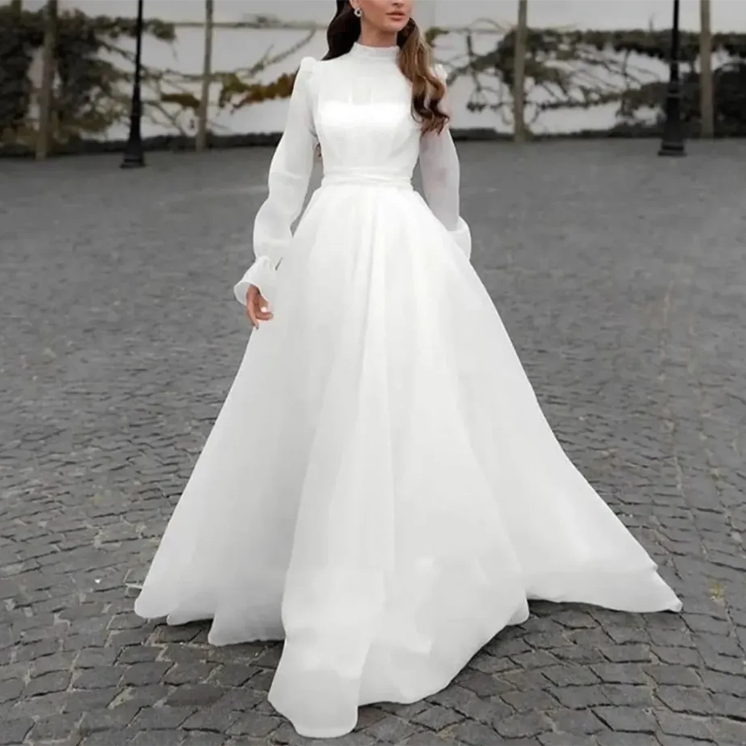 

High Neck Long Sleeve Super Fairy Bridal Floor-Length Wedding Dresses Suitable for Wedding Banquet Party Cocktail Party Prom