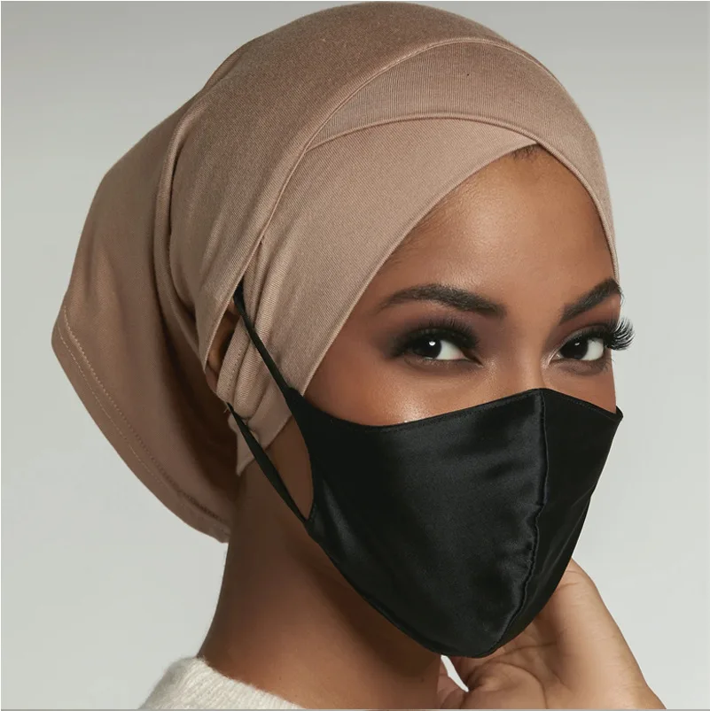 Berretti Hijab musulmani sulla fronte incrociata con foro per l\'orecchio donna avvolgere la testa morbida elastico signore moda cofano turbante