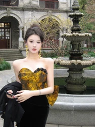 Vintage Party Dress Elegant Ladies Contrast Color Gold Black Long Dresses Gala Bowtie Back Straight Bodycon Evening Dress