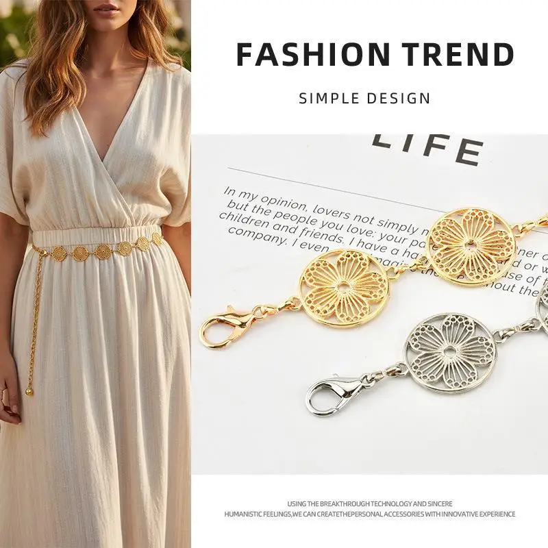 

Luxury Hollow Flower Chain Belt for Women Elegant Gold Metal Waist Cincher with Floral Disc Links Designer Style Slimming Belt
