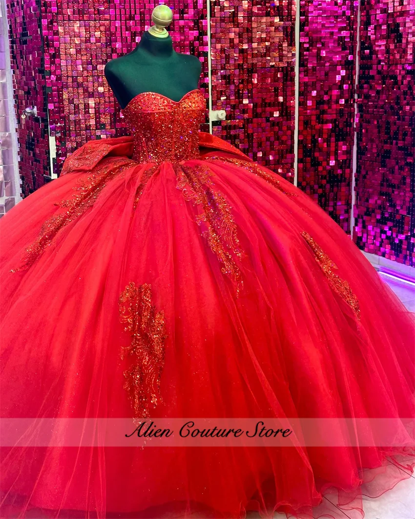 

Red Sweetheart Ball Gown Quinceanera Dresses For 15th Girls Beaded Sequins 16th Birthday Party Gowns Customized