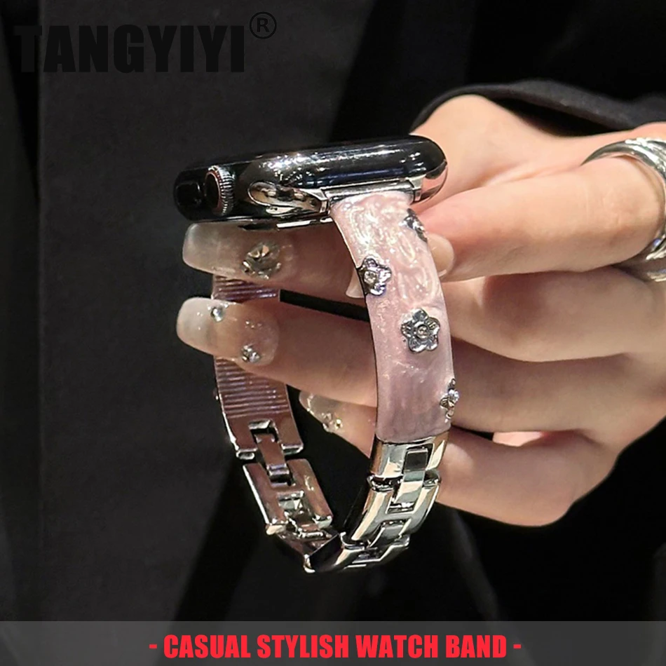 

Luxury Flower Diamond Epoxy Bracelet For Apple Watch Band S11/10/9/8/7/6/5/SE/Ultra iWatch Metal Strap 49/46/45/44/42/41/40/38mm