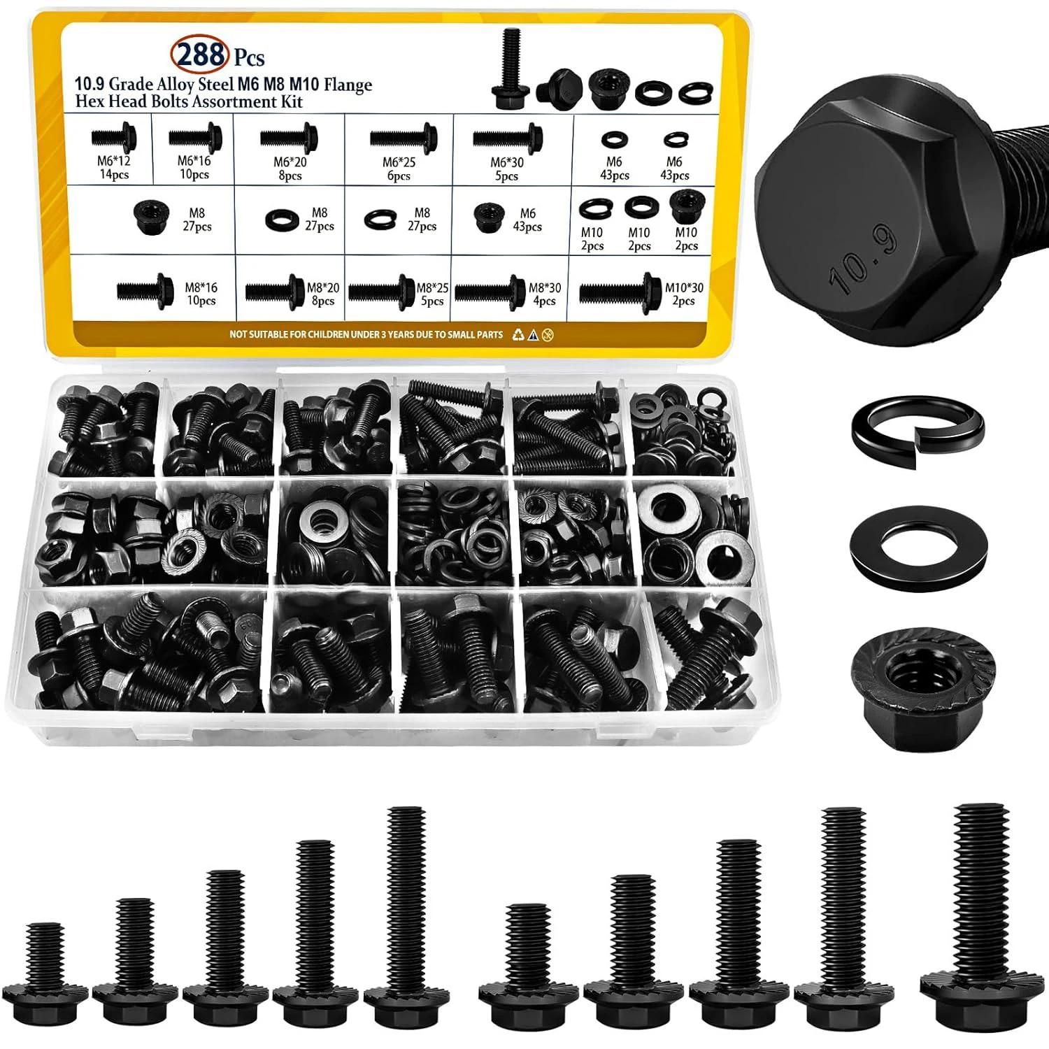 

288 PCS Flange Head Bolt Combination Kit, M6, M8, M10 metric hexagonal bolts and serrated flange nuts and washers combination, 1
