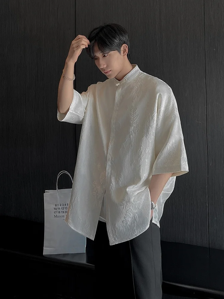 

New Chinese Sle Men's ort Sve irt Summer Thin Loose Five Sve Upper Body High Sense Haome Stand Collar irt Coat
