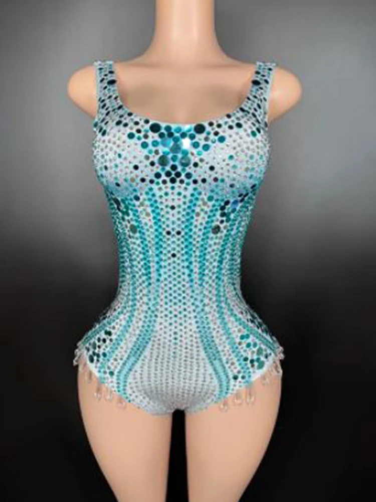 

High Quality Hot Diamond Sequin Elastic Blue Vest Jumpsuit 2024 New Fashion Custom Clothing