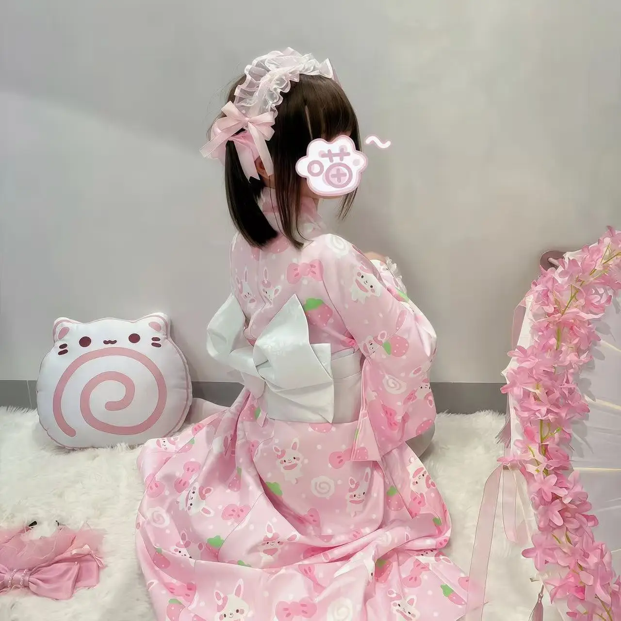 女性用のかわいいピンクの着物、伝統的な和風バスローブ、かわいいウサギのロングローブ、ビーチパーティー写真撮影用浴衣コスプレ