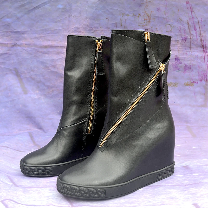 Roman Double Zipper Opening Cow Leather Middle Boots Inner Wedge Increasing Round Toe Woman Winter Boots Shoes
