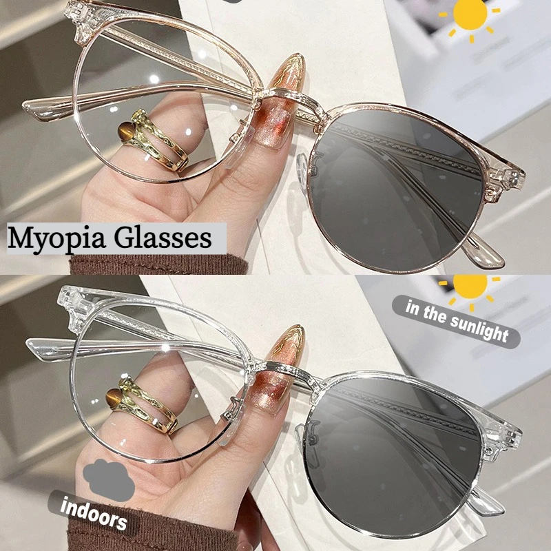 Myopie-Brille – Brillengläser, die die Farbe unter Sonnenlicht ändern. Metall-Halbrahmen 0 ~ -4,0 Anti-Blaulicht-High-Definition-Brille